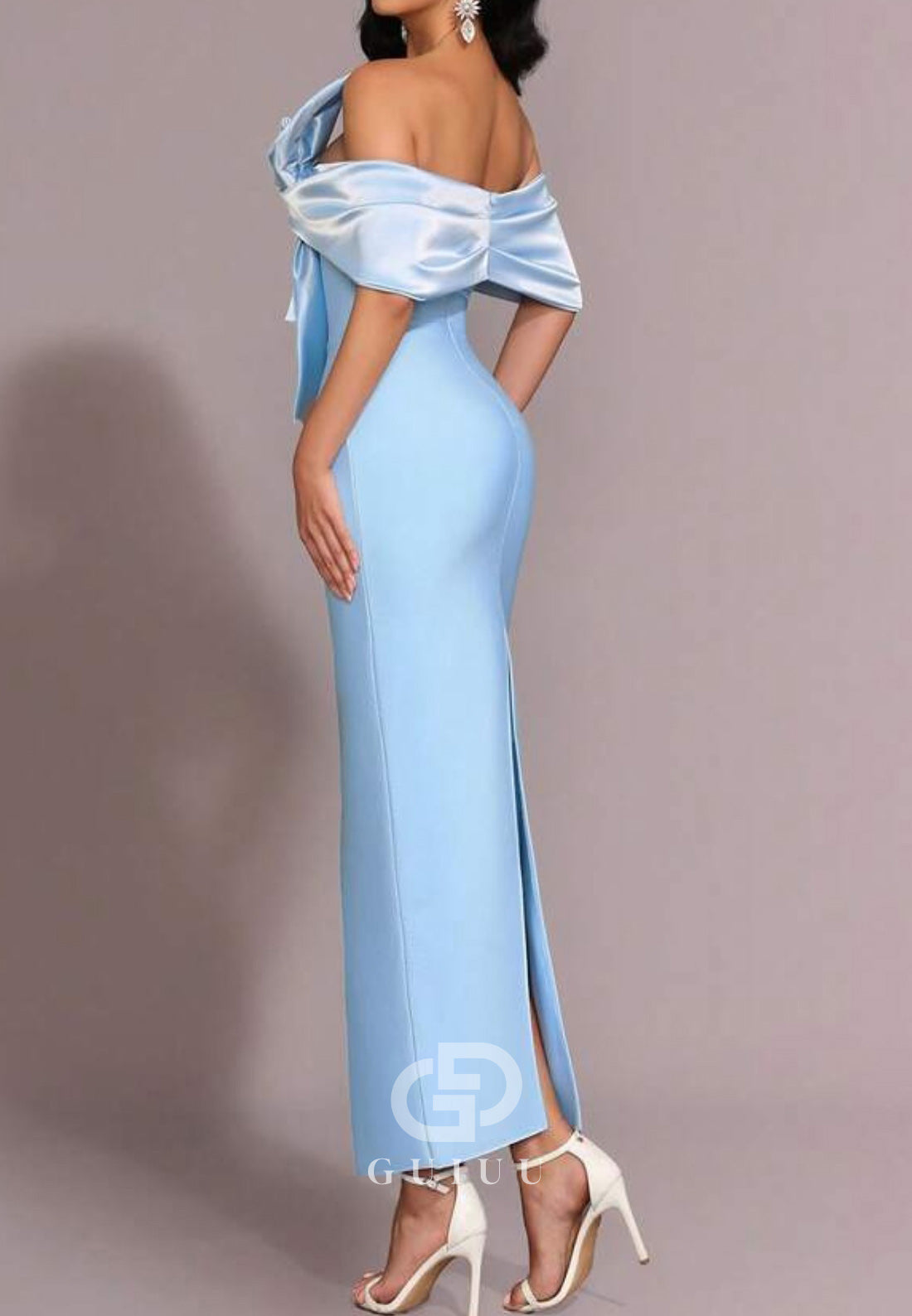 Sky Blue Off-Shoulder Bowknot Evening Dress