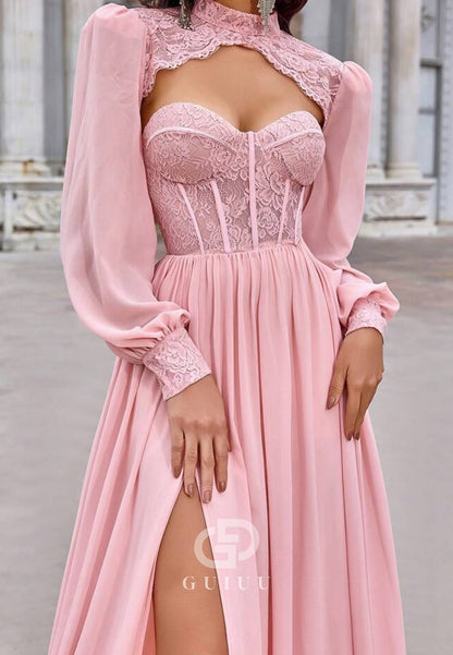 Blushing Pink Long Sleeves High Neck Slit Evening Dress