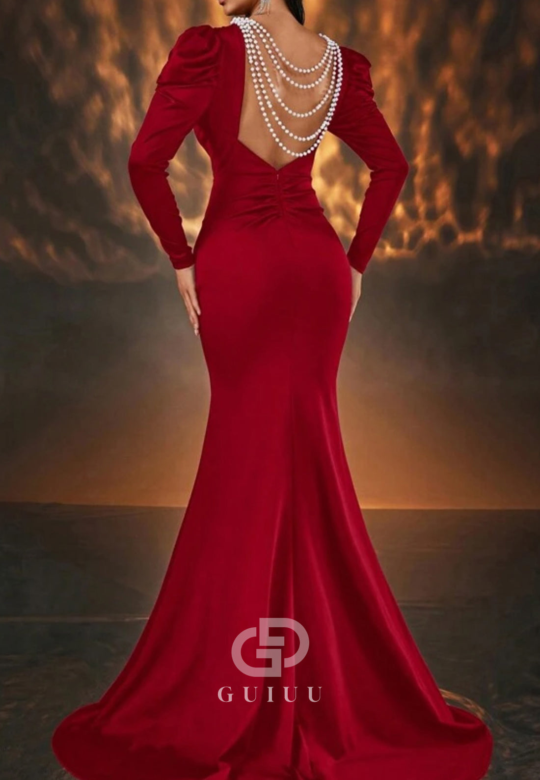 Long Sleeves Pearls Scoop Backless Mermaid Evening Dress