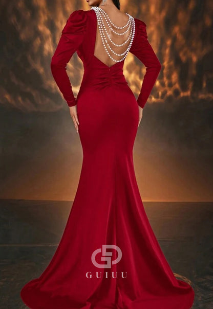 Long Sleeves Pearls Scoop Backless Mermaid Evening Dress