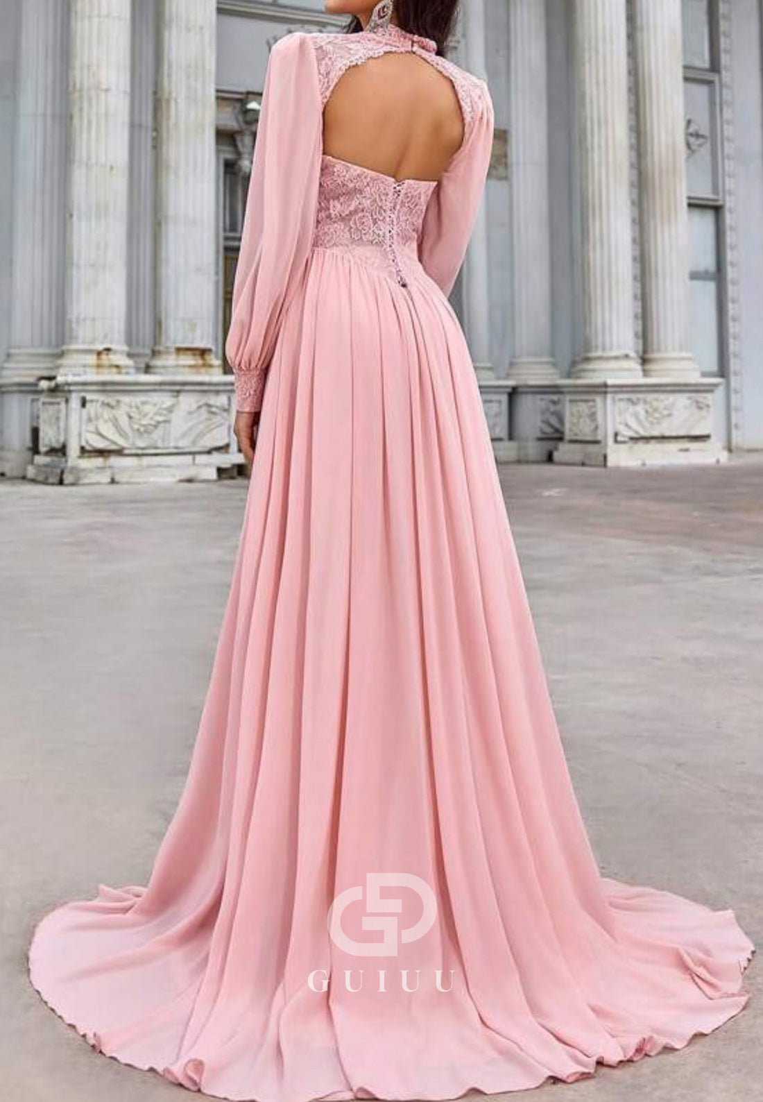 Blushing Pink Long Sleeves High Neck Slit Evening Dress