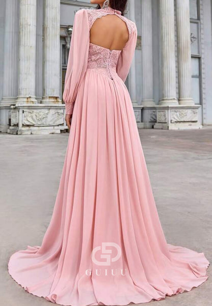 Blushing Pink Long Sleeves High Neck Slit Evening Dress