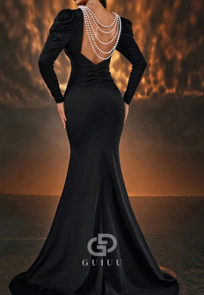 Long Sleeves Pearls Scoop Backless Mermaid Evening Dress