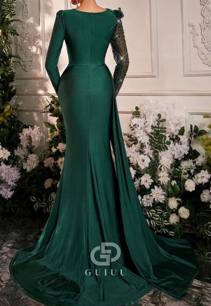 Dark Green Long Sleeves Scoop Slit Sequins Evening Dress