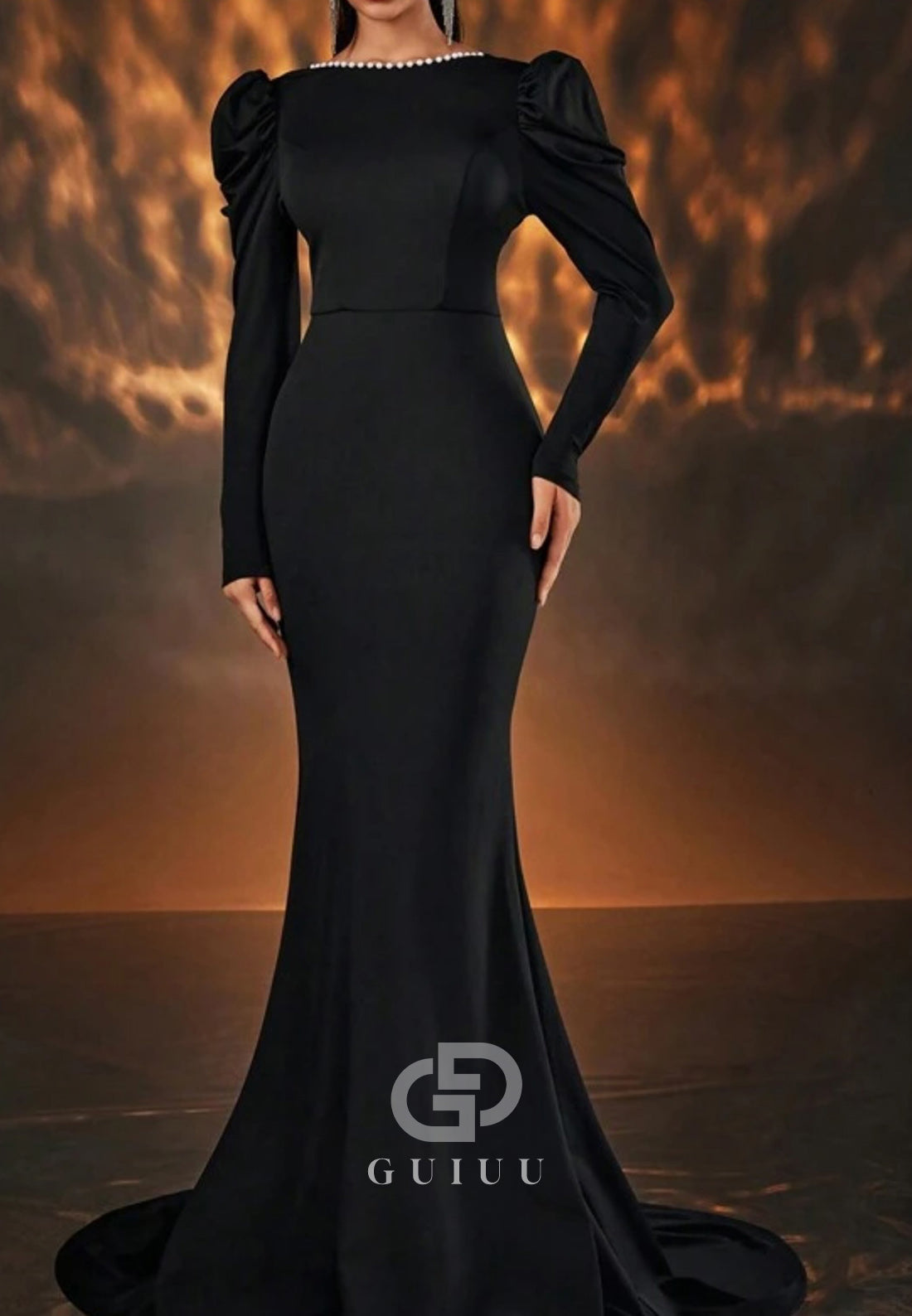 Long Sleeves Pearls Scoop Backless Mermaid Evening Dress