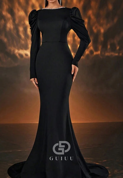 Long Sleeves Pearls Scoop Backless Mermaid Evening Dress