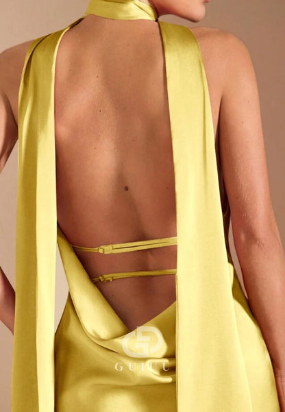 Halter Sleeveless Backless Satin Evening Dress