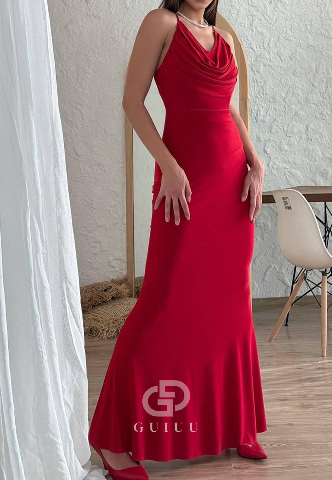 Simple Spaghetti Straps Scoop Ruched Sheath Prom Dress