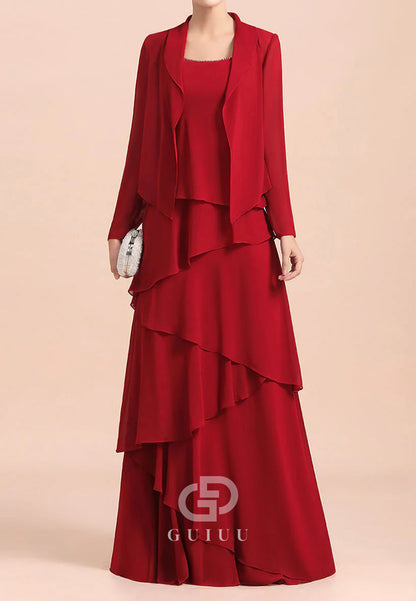A-Line Long Sleeves Square Floral Appliques Mother of the Bride Dress