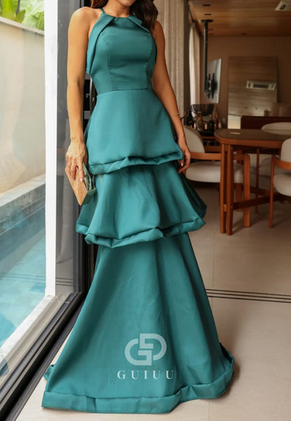 Halter Sleeveless Ruffles Satin Mother of the Bride Dress