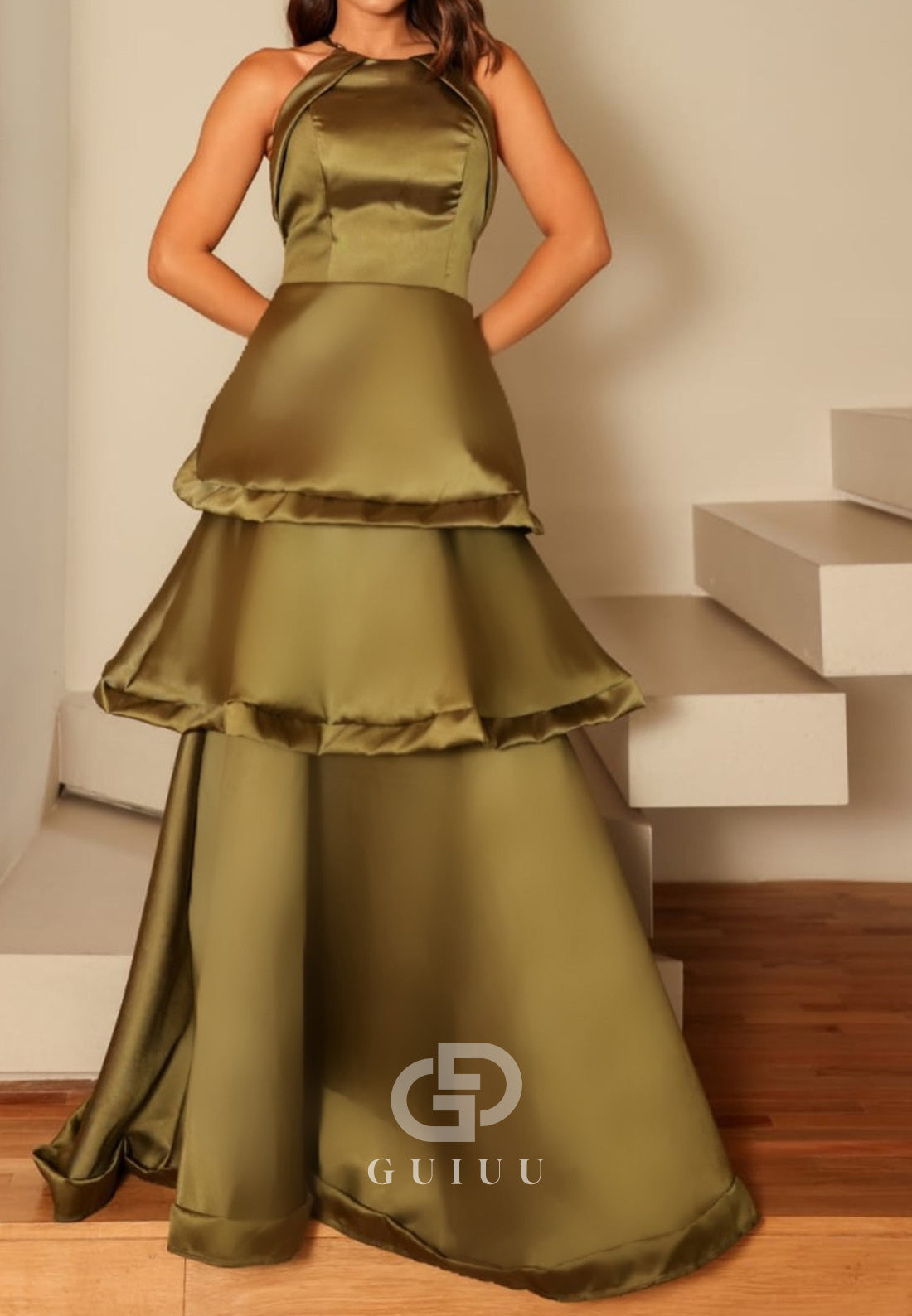 Halter Sleeveless Ruffles Satin Mother of the Bride Dress