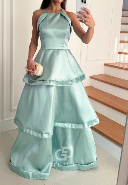 Halter Sleeveless Ruffles Satin Mother of the Bride Dress