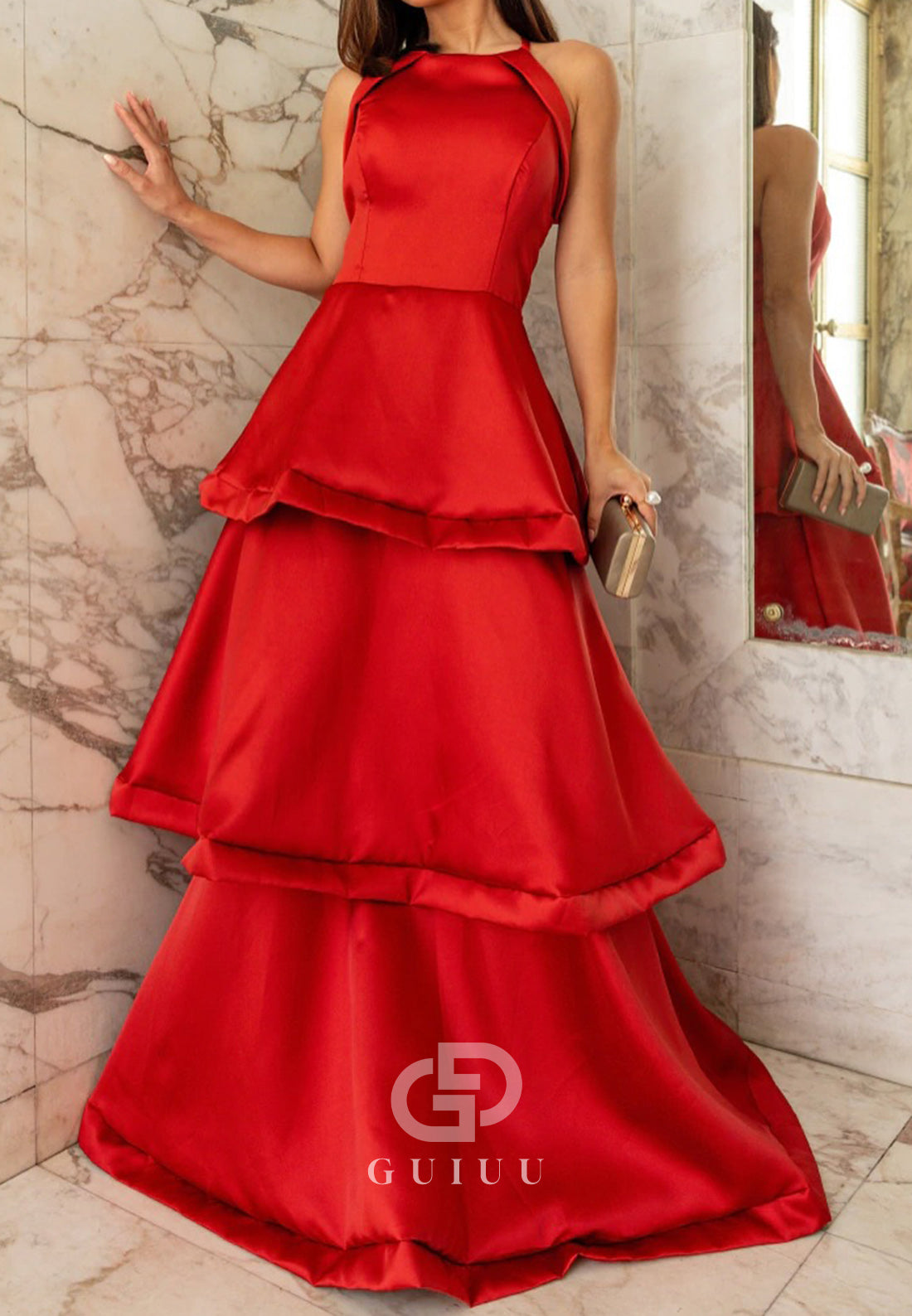 Halter Sleeveless Ruffles Satin Mother of the Bride Dress