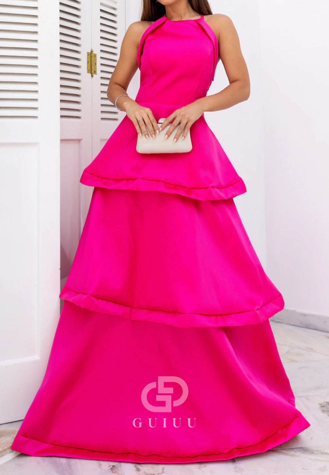 Halter Sleeveless Ruffles Satin Mother of the Bride Dress