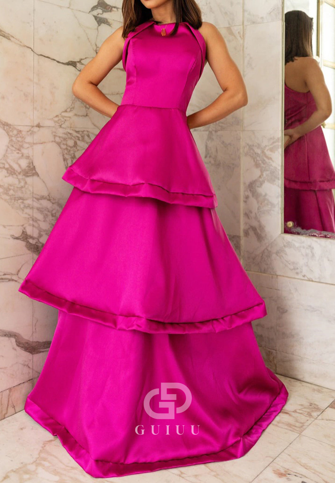 Halter Sleeveless Ruffles Satin Mother of the Bride Dress