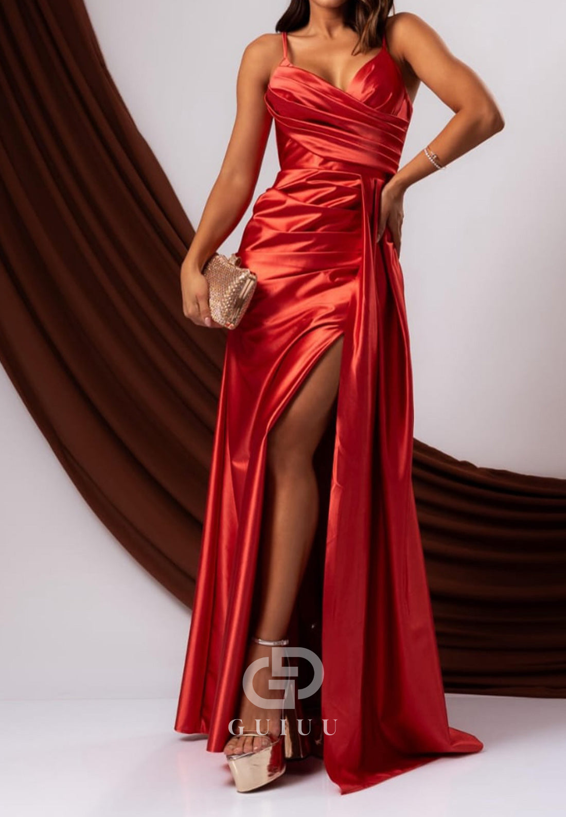 Spaghetti Straps V-Neck Slit Ruched Evening Dress