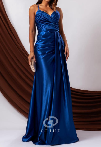 Spaghetti Straps V-Neck Slit Ruched Evening Dress