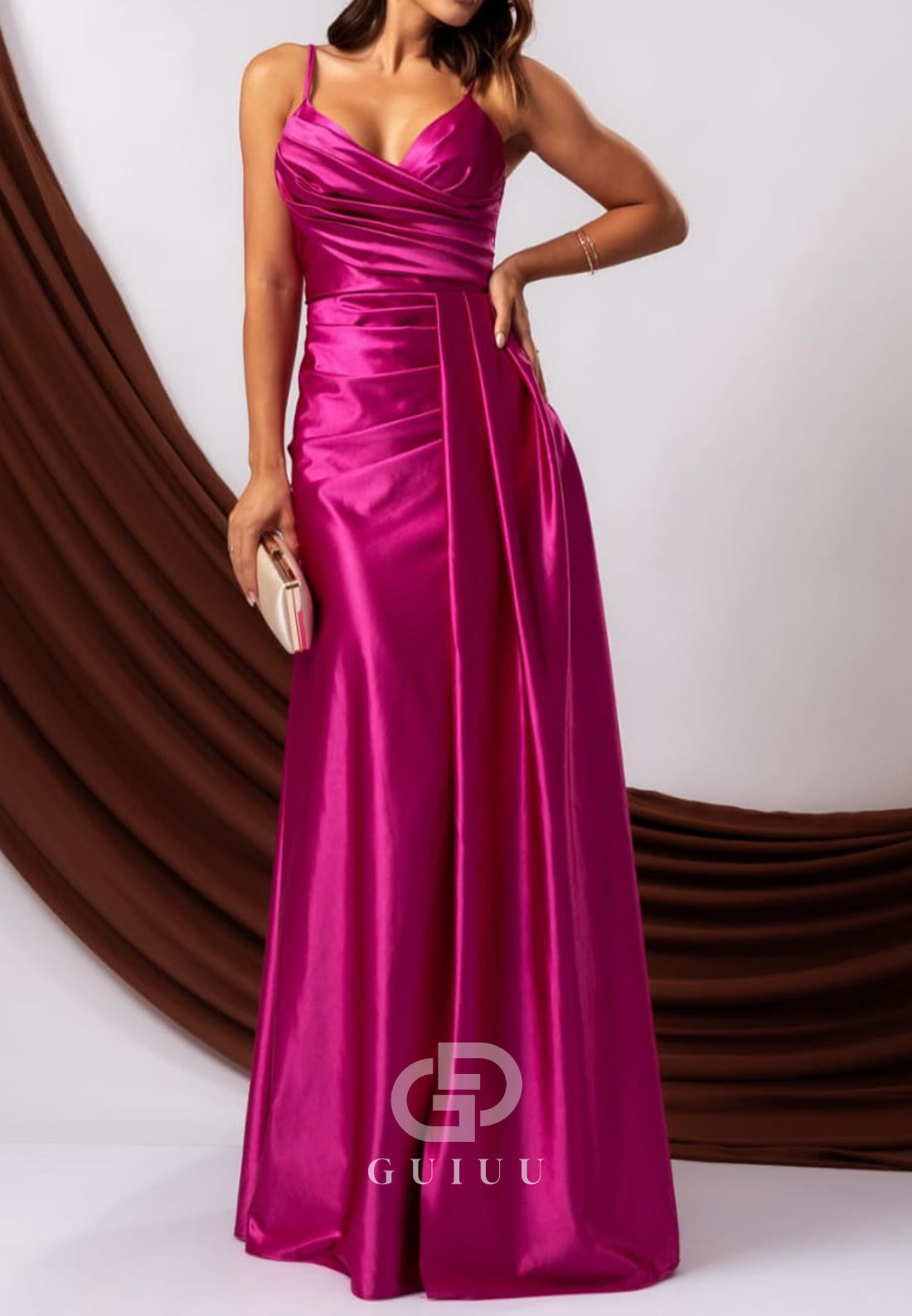 Spaghetti Straps V-Neck Slit Ruched Evening Dress
