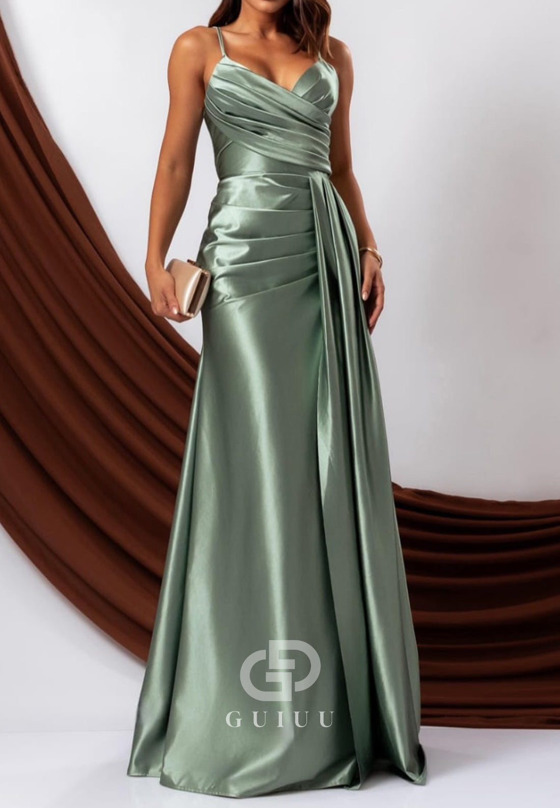 Spaghetti Straps V-Neck Slit Ruched Evening Dress