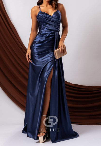Spaghetti Straps V-Neck Slit Ruched Evening Dress