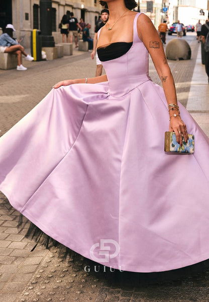 Lilac Spaghetti Straps Scoop A-Line Satin Prom Dress