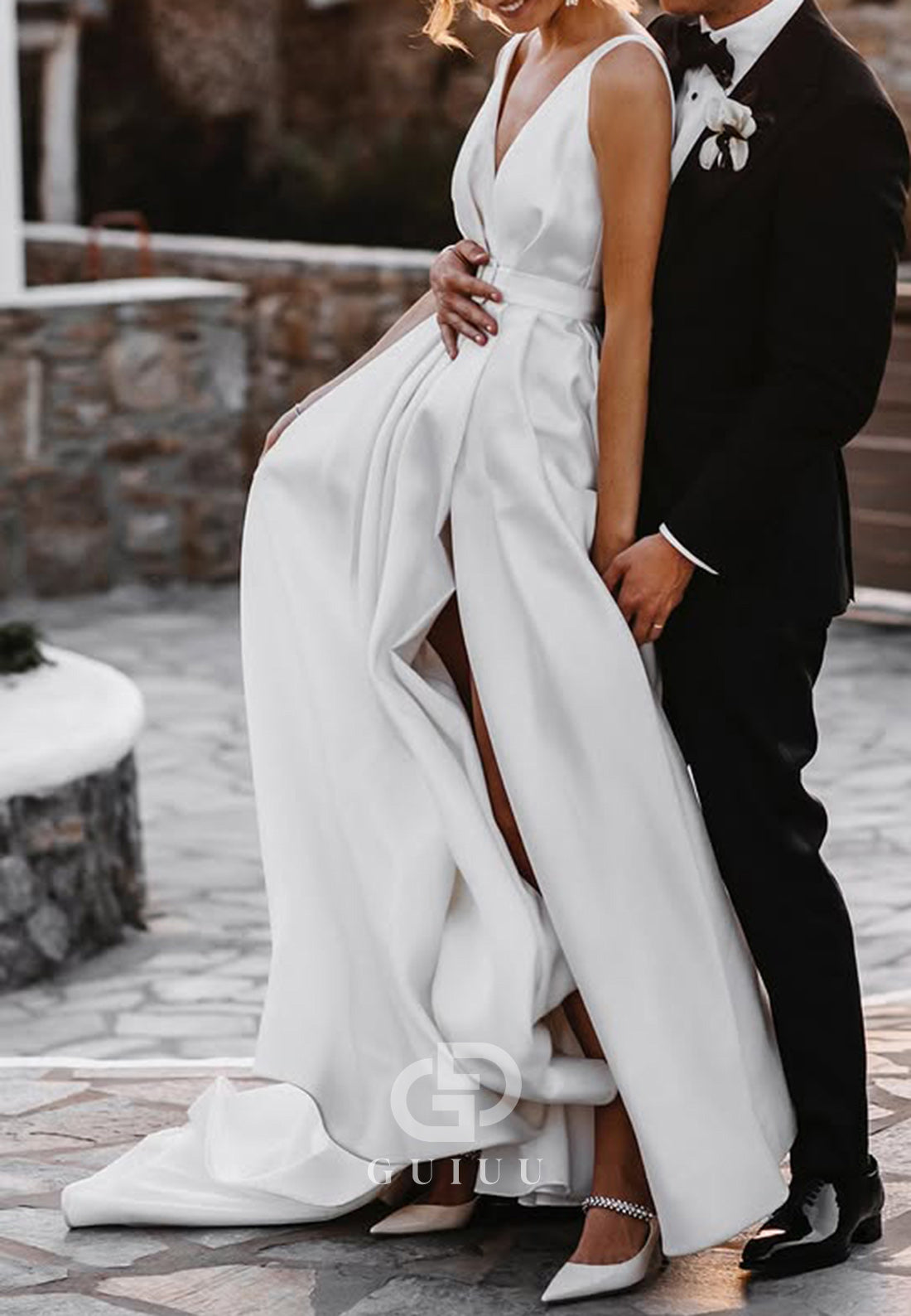 Spaghetti Straps V-Neck Slit Satin Wedding Dress