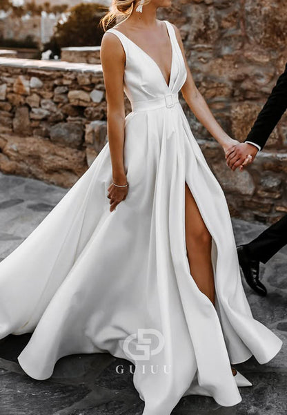 Spaghetti Straps V-Neck Slit Satin Wedding Dress