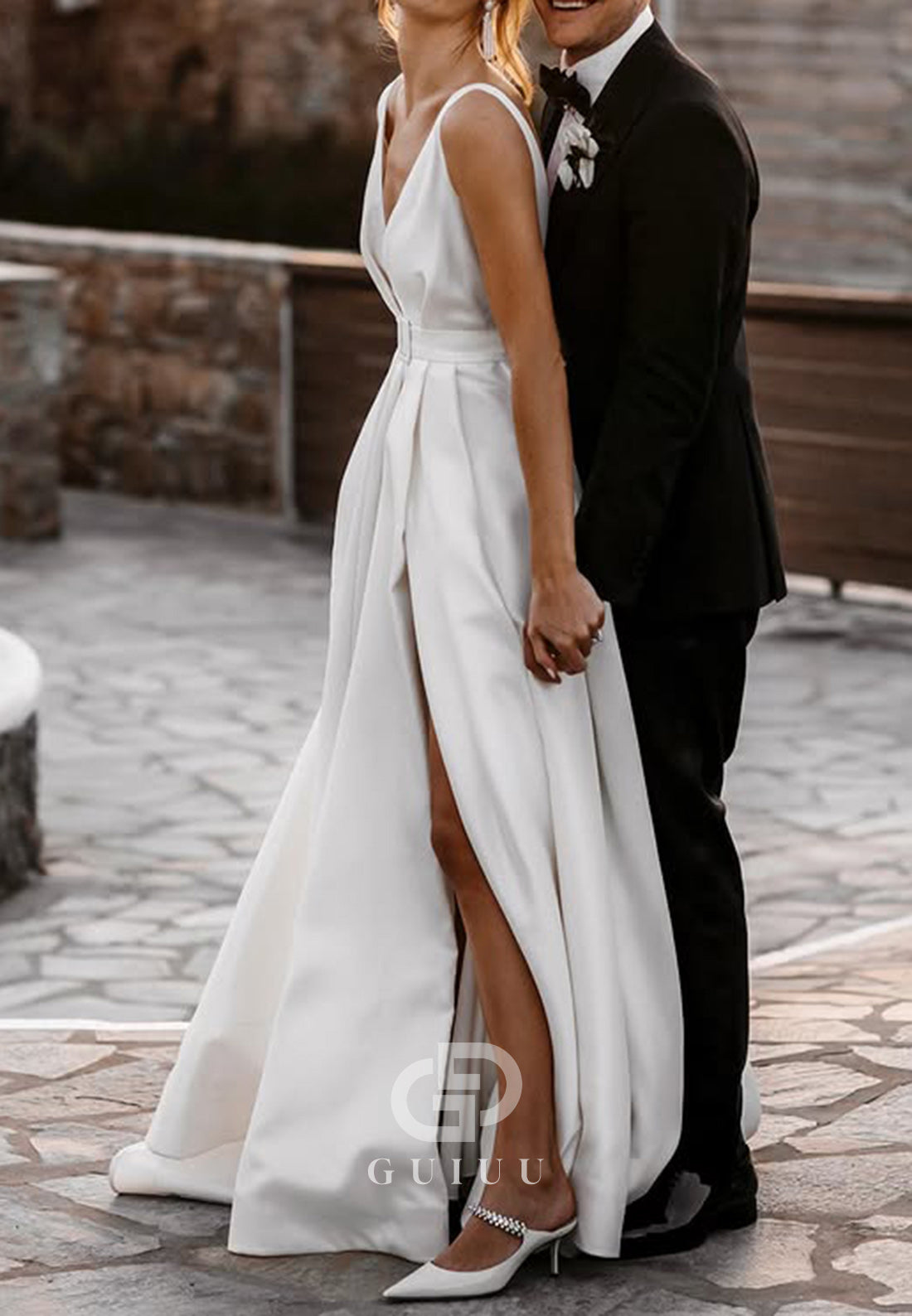 Spaghetti Straps V-Neck Slit Satin Wedding Dress