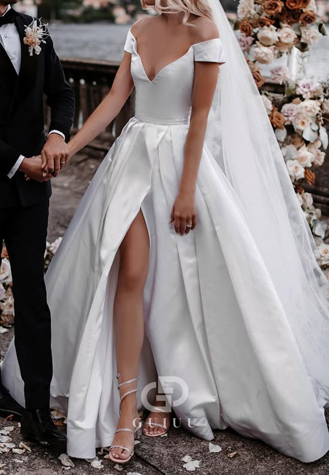 Cap Sleeves V-Neck Corset Satin Wedding Dress