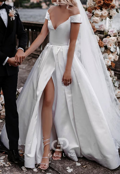 Cap Sleeves V-Neck Corset Satin Wedding Dress