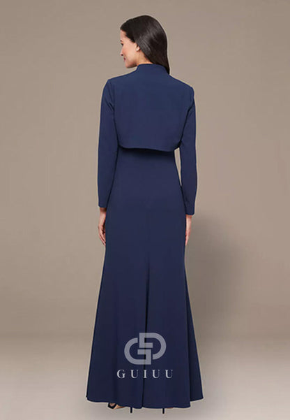 Dark Navy Long Sleeves Square A-Line Satin Mother of the Bride Dress