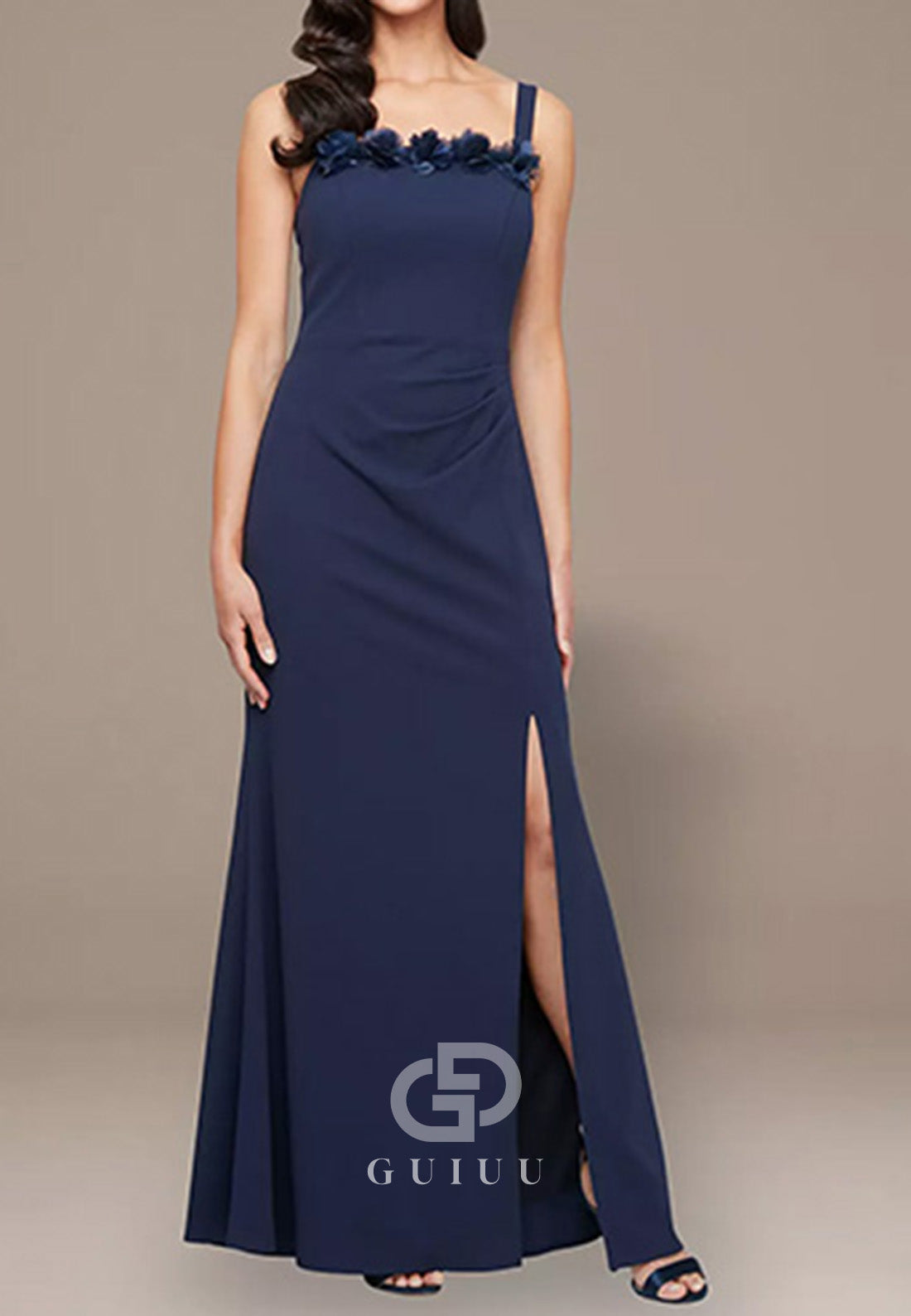 Dark Navy Long Sleeves Square A-Line Satin Mother of the Bride Dress