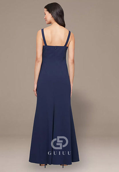 Dark Navy Long Sleeves Square A-Line Satin Mother of the Bride Dress