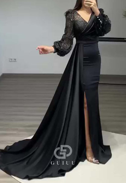 Long Sleeves V-Neck Sequins Ruched Sweep Train Evening Formal Dress