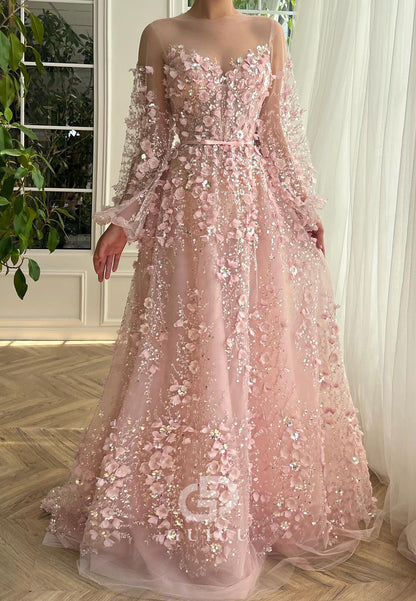 Charming A-Line Long Sleeves V-Neck Appliques Evening Dress