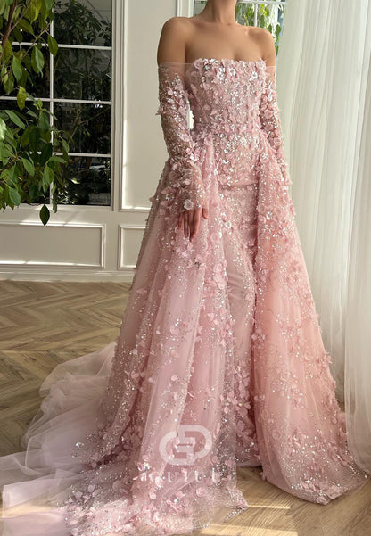 Charming A-Line Long Sleeves V-Neck Appliques Evening Dress