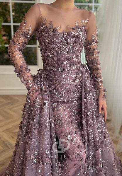 Charming A-Line Long Sleeves V-Neck Appliques Evening Dress