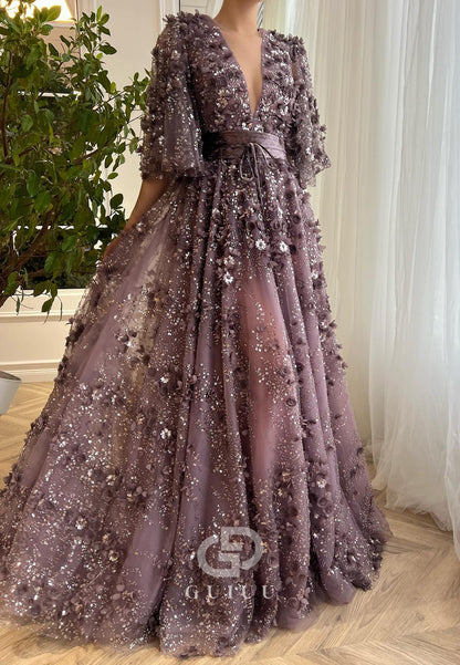 Charming A-Line Long Sleeves V-Neck Appliques Evening Dress