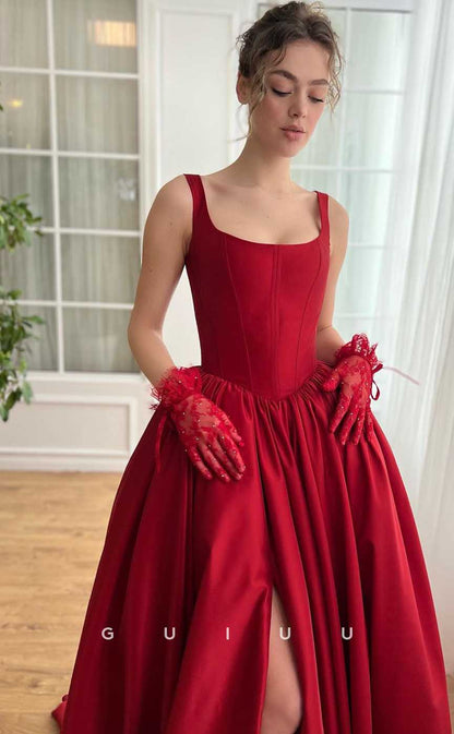 G4438 - Elegant & Timeless A-Line Round Straps Long Sweep Prom Formal Gown with Slit