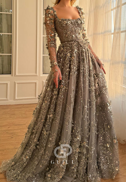 Charming A-Line Long Sleeves V-Neck Appliques Evening Dress