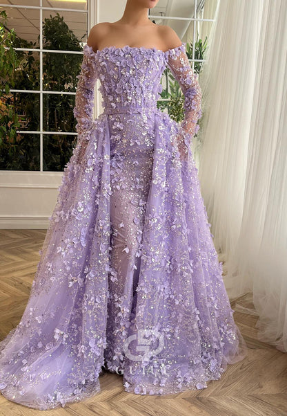 Charming A-Line Long Sleeves V-Neck Appliques Evening Dress