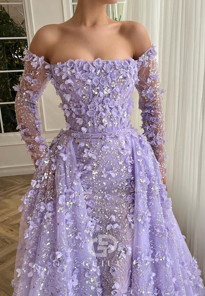 Charming A-Line Long Sleeves V-Neck Appliques Evening Dress