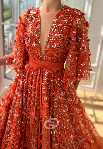 Charming A-Line Long Sleeves V-Neck Appliques Evening Dress