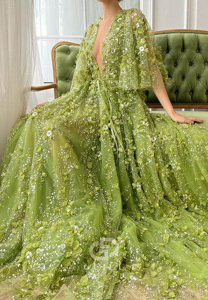 Charming A-Line Long Sleeves V-Neck Appliques Evening Dress