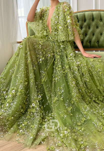 Charming A-Line Long Sleeves V-Neck Appliques Evening Dress