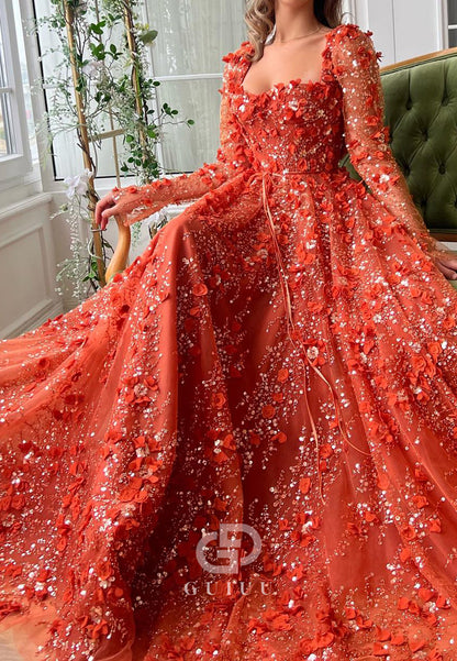 Charming A-Line Long Sleeves V-Neck Appliques Evening Dress