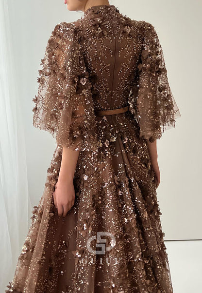 Charming A-Line Long Sleeves V-Neck Appliques Evening Dress