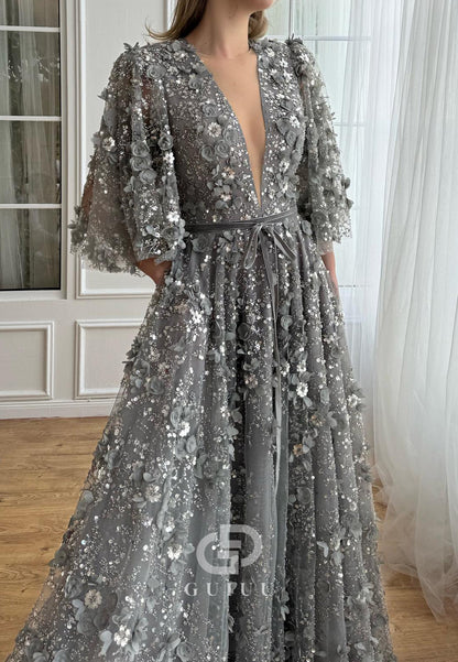 Charming A-Line Long Sleeves V-Neck Appliques Evening Dress