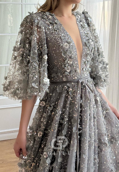 Charming A-Line Long Sleeves V-Neck Appliques Evening Dress