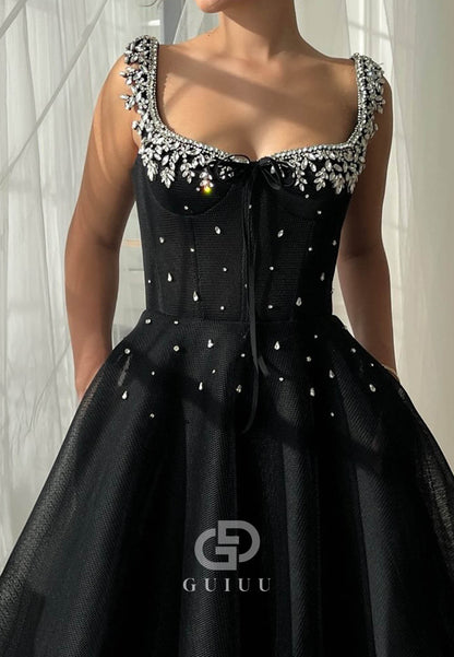 Black Spaghetti Straps Scoop Beads Prom Dress
